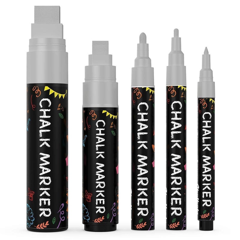 Chalkola 5 Silver Chalkboard Chalk Markers - Silver Dry Erase Markers for Blackboard, Chalkboard Signs, Windows, Glass | Variety Pack - Fine & Jumbo Size Ink Pen (1mm, 3mm, 6mm, 10mm, 15mm) - Image 1